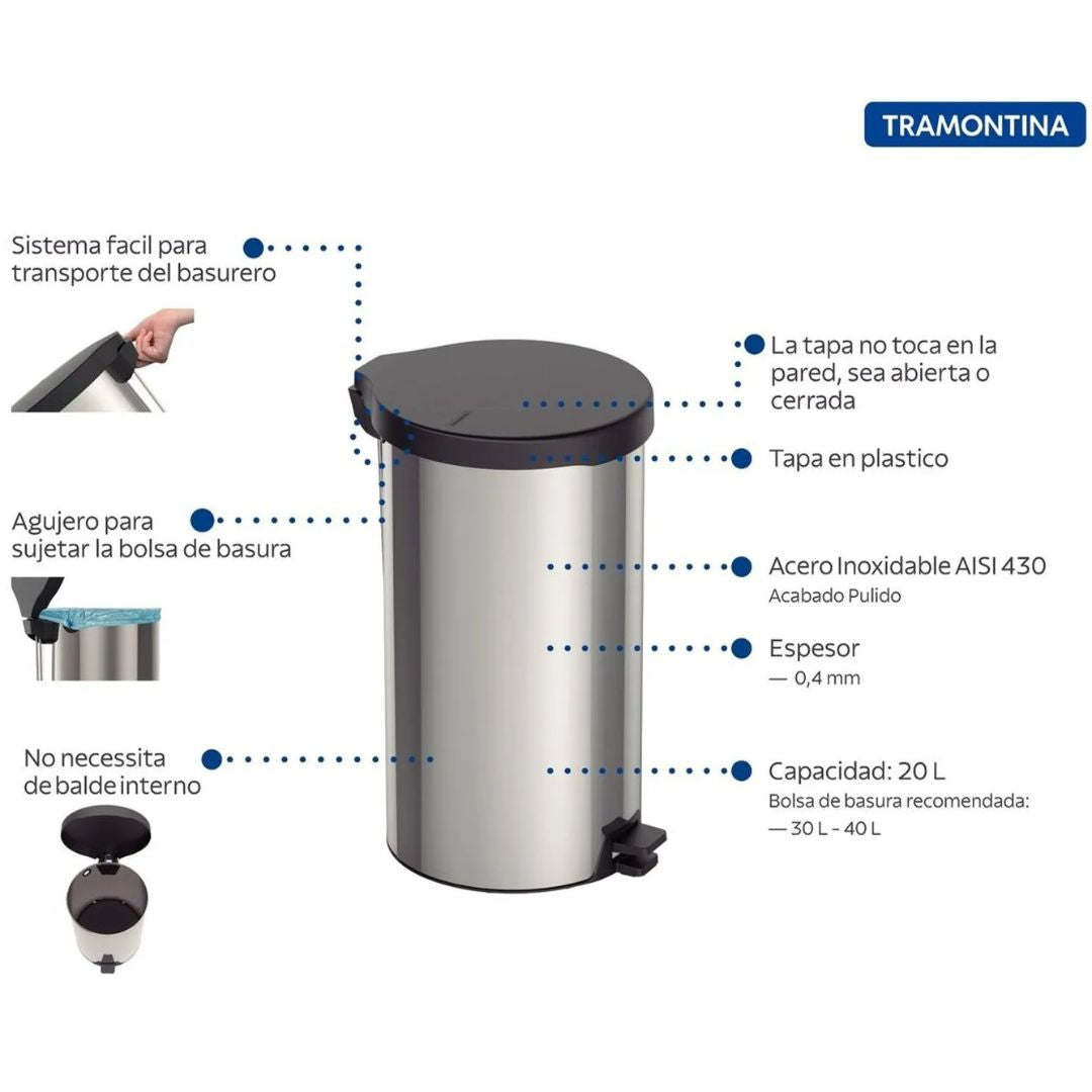 Basurero Tramontina de Acero Inoxidable 20 Lt